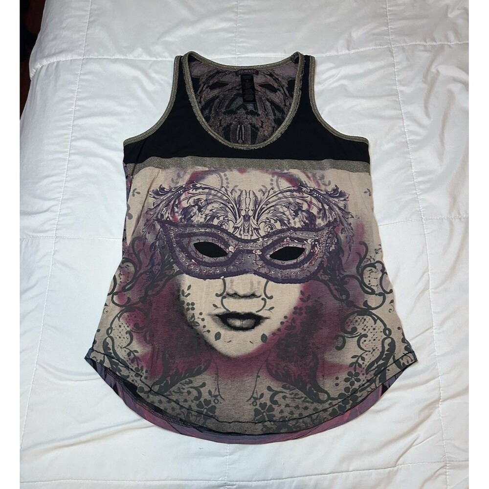 Custo Barcelona Masquerade Mask Beaded Tank Top Flowy Boho Face Sz 4 Gold Black